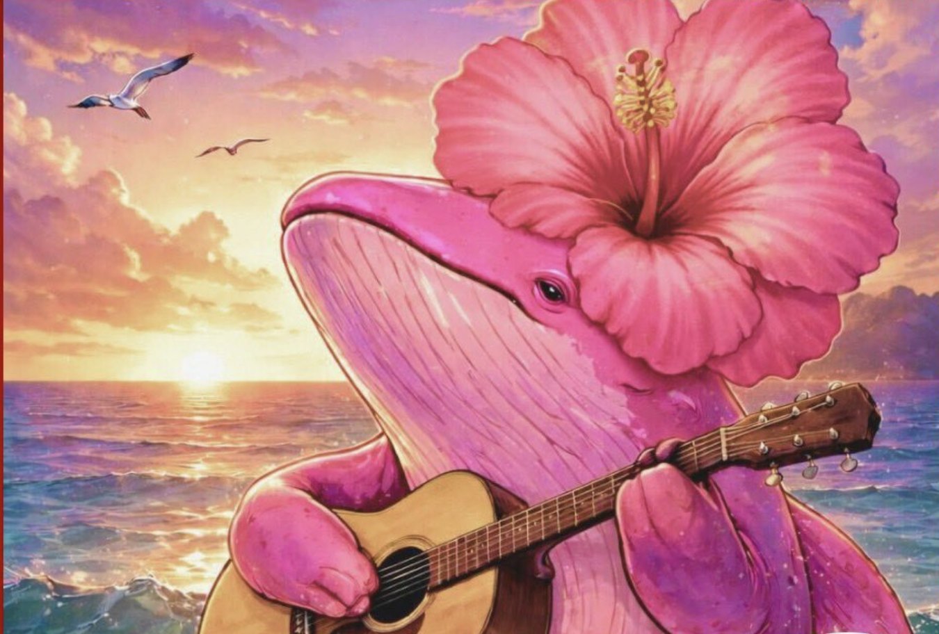 夕暮れの海でギターを弾くくじら